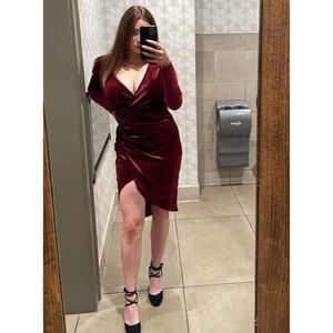 Huhot Long Sleeve V-Neck Ruched Wrap Dress in Burgundy Red Velvet Size L